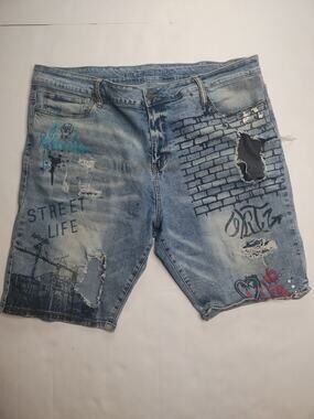 🔥 Rutherford • Distressed Graffiti Denim Slim Fit Blue Jeans Shorts • Men’s 38